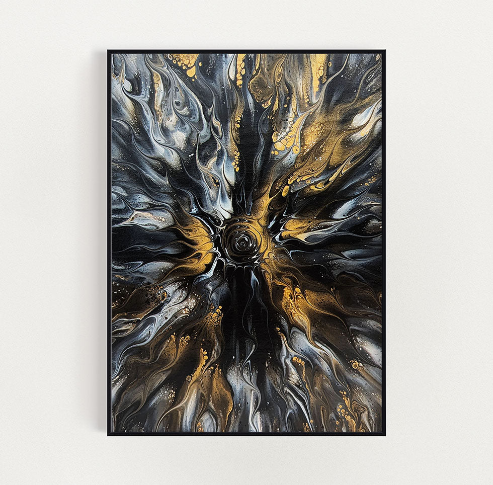 Full framed view of Glitz, an abstract fluid painting by Abby May featuring radiant gold and silver hues against a dark backdrop, forming a swirling, dimensional composition.
