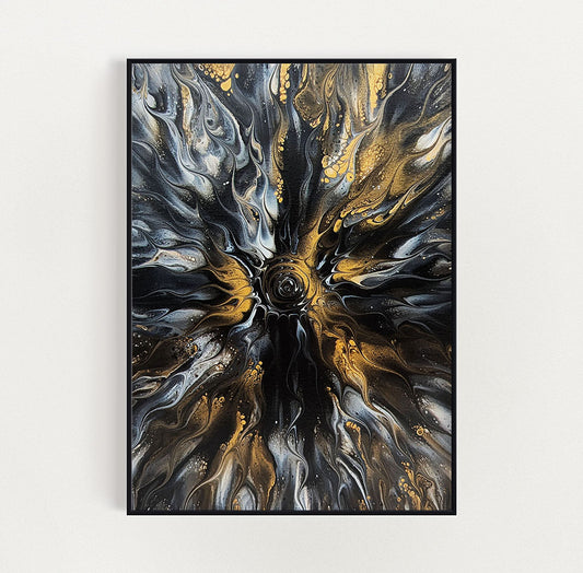 Full framed view of Glitz, an abstract fluid painting by Abby May featuring radiant gold and silver hues against a dark backdrop, forming a swirling, dimensional composition.