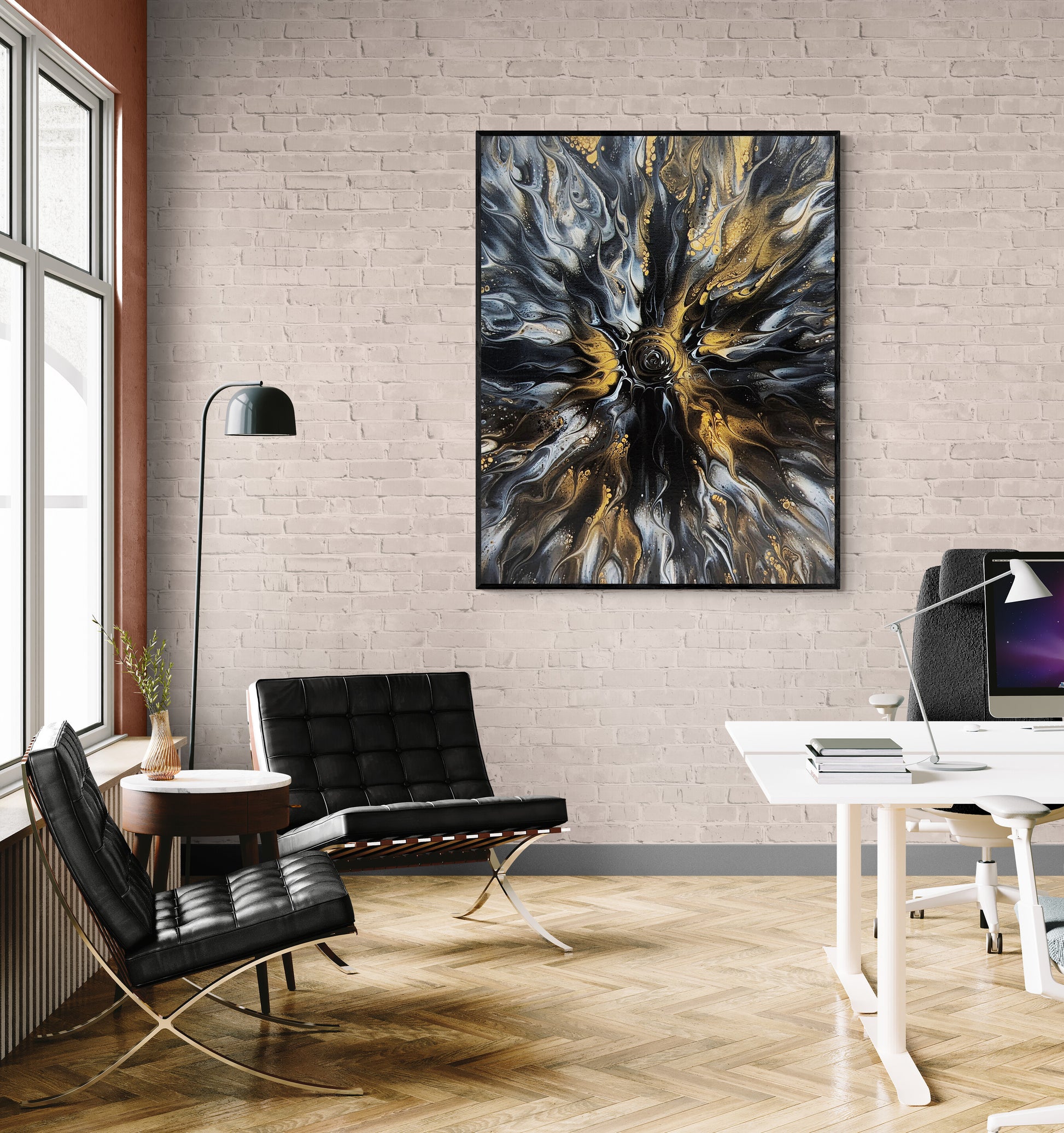 Abby May’s Glitz framed artwork in a stylish office space with exposed brick walls and black leather chairs. The piece’s flowing gold and black patterns bring a bold modern energy.