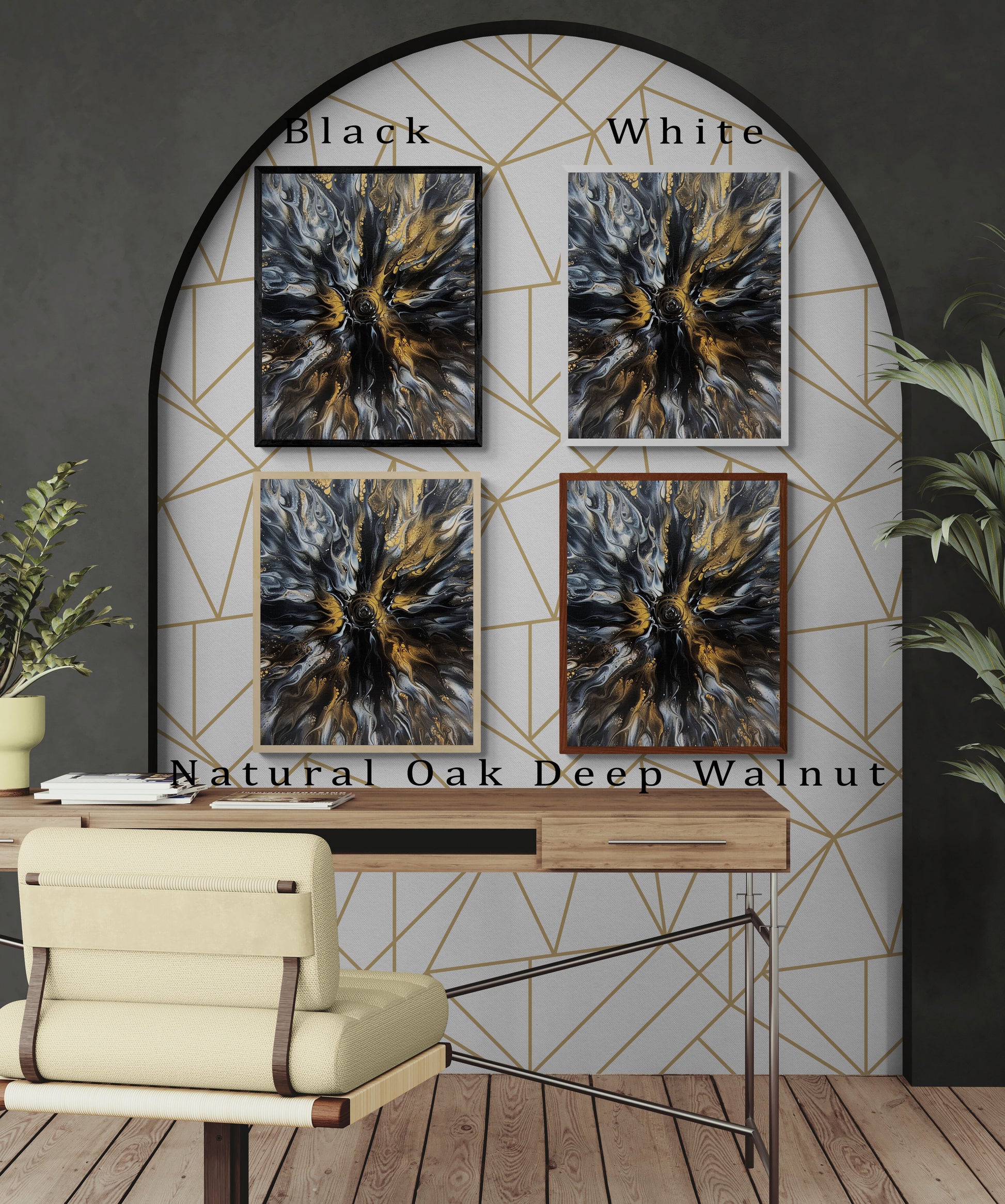 Abstract fluid art prints shown in four frame colors—black, white, natural oak, and deep walnut—arranged on a geometric accent wall behind a modern desk