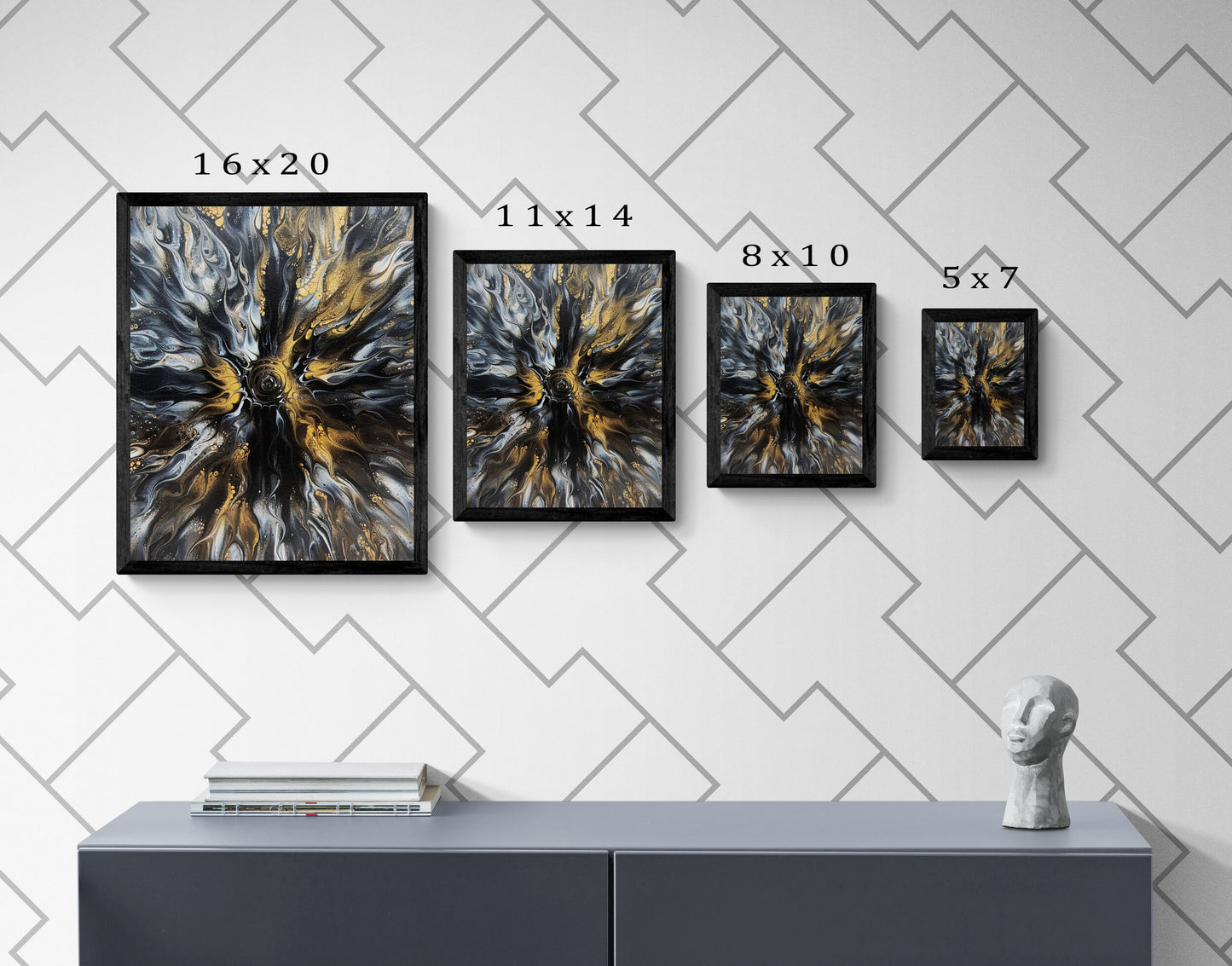 Abstract fluid art prints in black frames displayed in four sizes—16x20, 11x14, 8x10, and 5x7—against a gray geometric wall above a modern cabinet with minimal decor