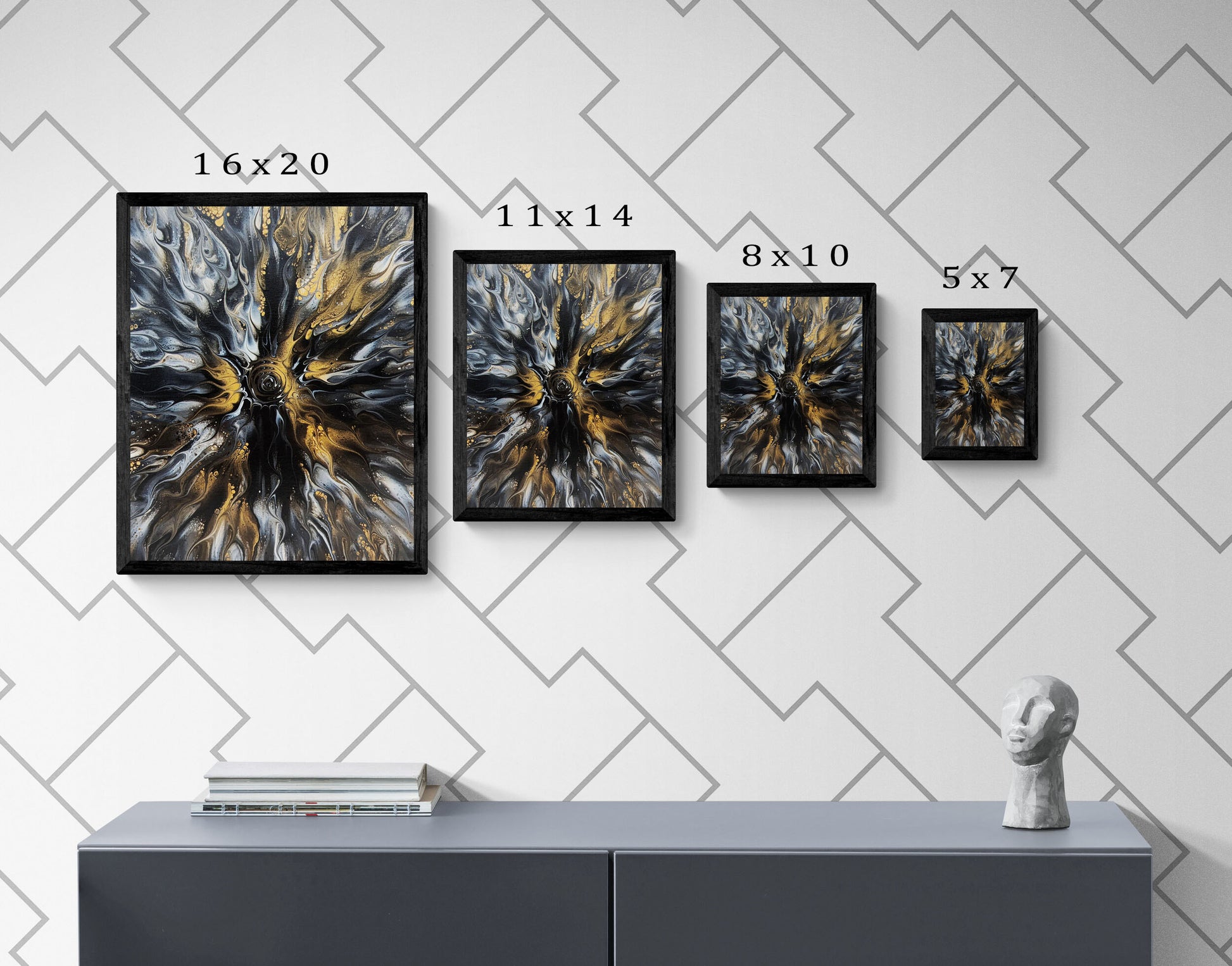 Abstract fluid art prints in black frames displayed in four sizes—16x20, 11x14, 8x10, and 5x7—against a gray geometric wall above a modern cabinet with minimal decor
