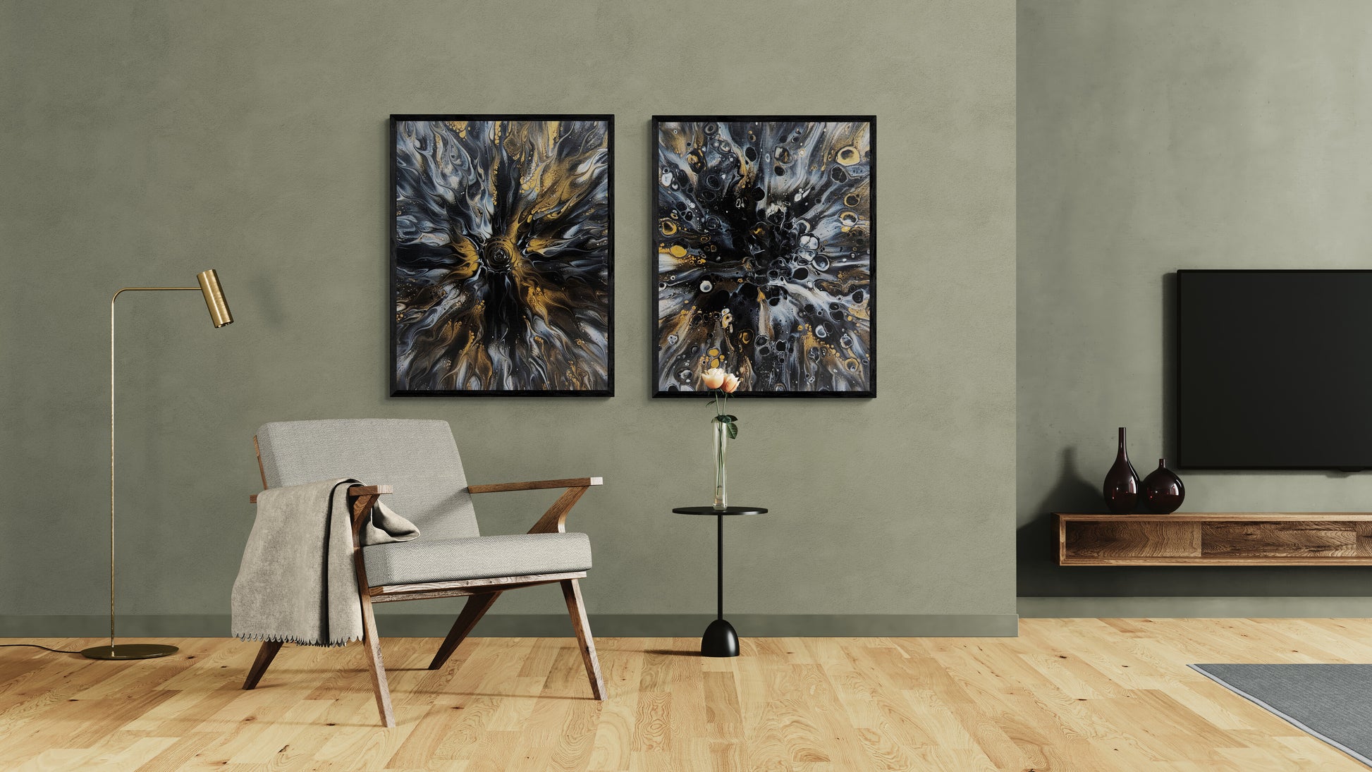Abby May’s Glitz and Charm paintings displayed in a modern living room with soft green walls and mid-century décor. The artworks’ gold and gray tones add elegance and warmth