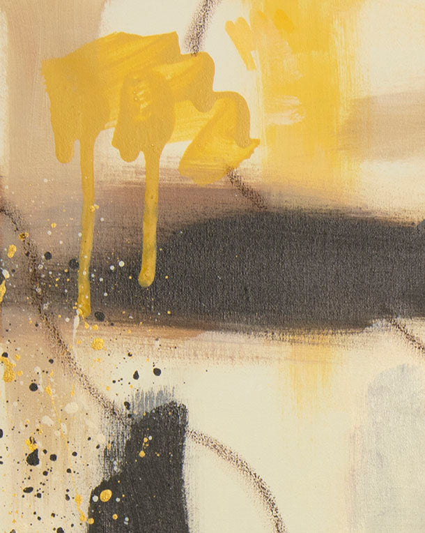 Close-up detail of "Golden Kindling" abstract painting, showing the rich texture of raw umber brushstrokes and vibrant golden ochre splatters.