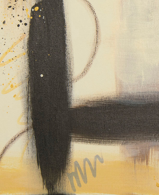 Artistic macro shot of "Golden Kindling" by Abby May, showcasing the sweeping oil pastel lines and layered mixed media details over a neutral background.