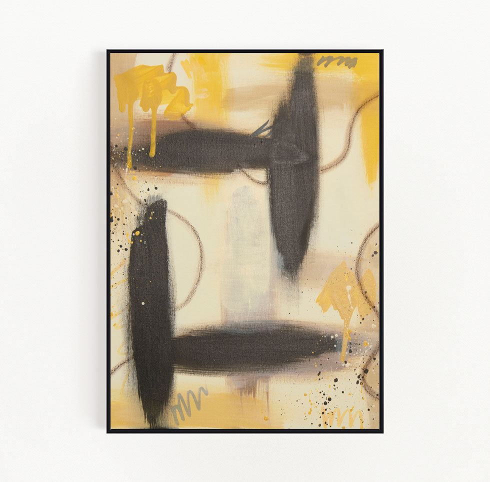 Interior design inspiration featuring "Golden Kindling" by Abby May Art, an original abstract painting that balances structural strength with a warm, glowing atmosphere.