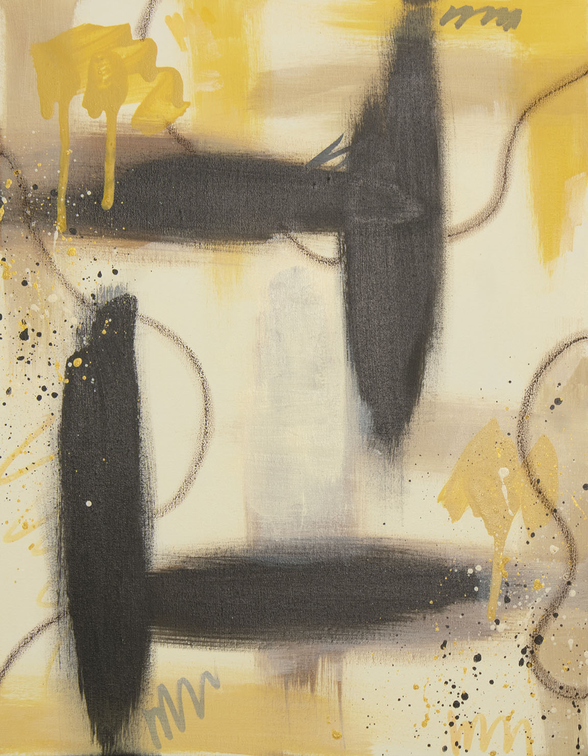 "Golden Kindling" original abstract painting by Abby May. Features deep raw umber structural blocks and glowing ochre and gold accents with sweeping oil pastel lines.