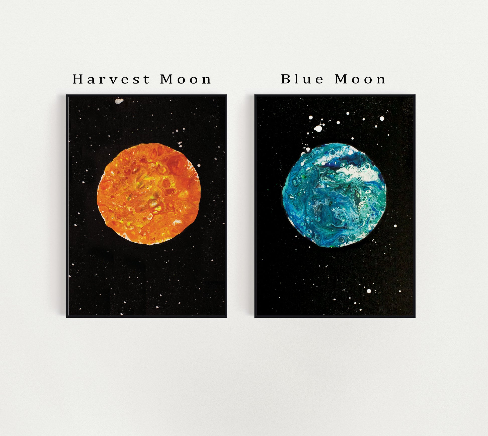 Labeled image of Harvest Moon and Blue Moon fluid art prints with text identifiers above each print; vibrant orange and blue tones against a black cosmic background.