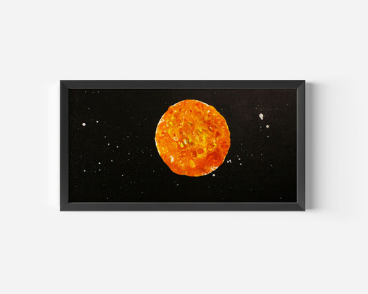Close-up view of the framed Harvest Moon abstract canvas painting featuring glowing orange and yellow tones on a black star-speckled background.