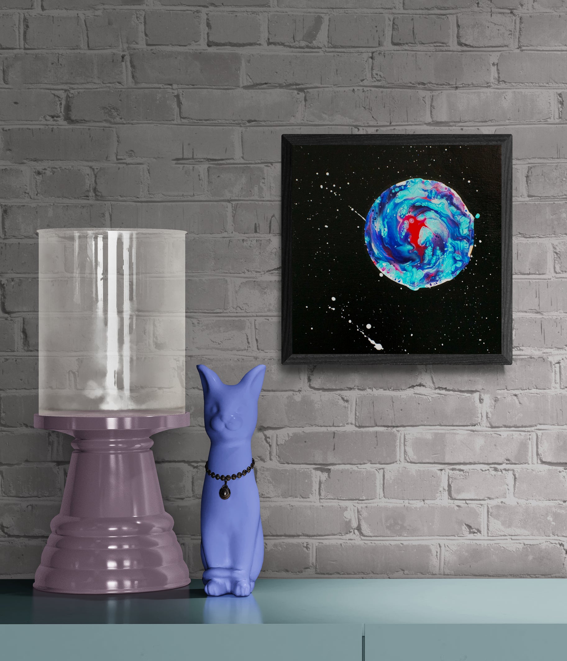 Her Majesty the Moon abstract painting displayed on a gray brick wall beside a purple decorative cat sculpture and glass vessel.