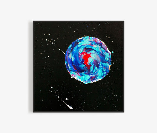 Her Majesty the Moon acrylic painting on white background showing vibrant swirling colors of blue, and pink.