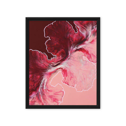 "Hold The Line" acrylic fluid art canvas print in a black floating frame, featuring bold red and pink abstract swirls with soft white highlights.