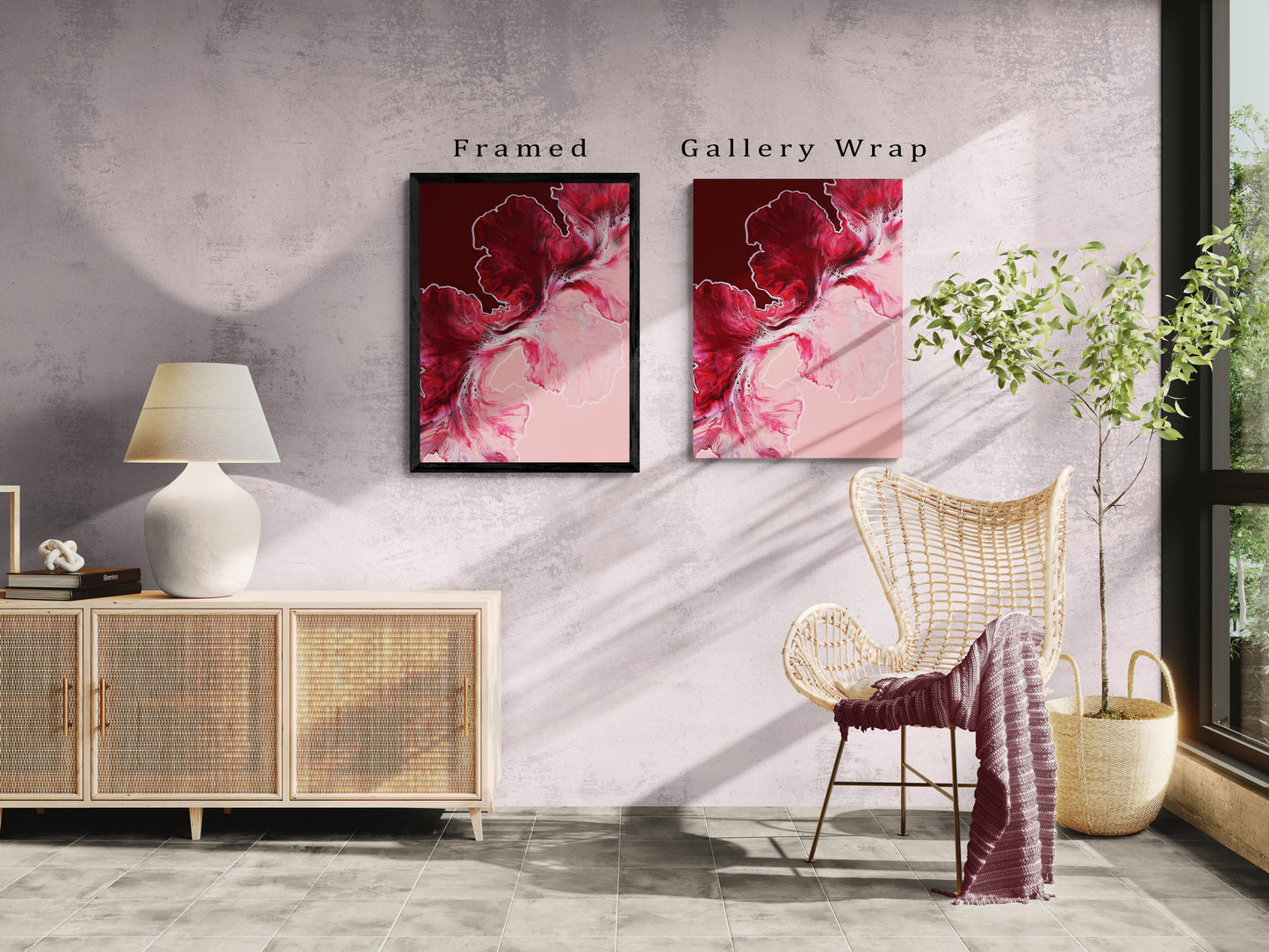 Side-by-side comparison of Hold the Line canvas print framed in black and the gallery-wrapped version, both featuring bold red and pink tones against a soft pink background.