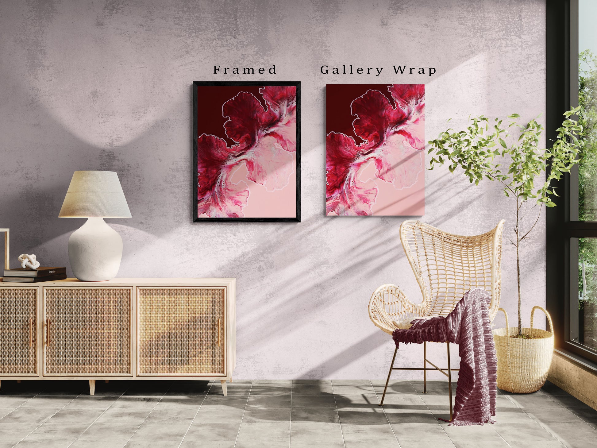 Side-by-side comparison of Hold the Line canvas print framed in black and the gallery-wrapped version, both featuring bold red and pink tones against a soft pink background.