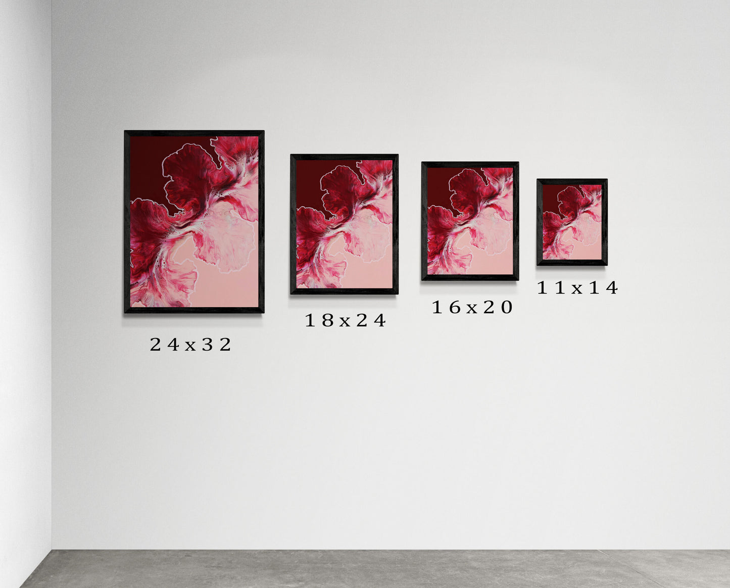 Four framed Hold the Line prints shown in different sizes—24x32, 18x24, 16x20, and 11x14—displayed on a clean white wall to demonstrate scale.