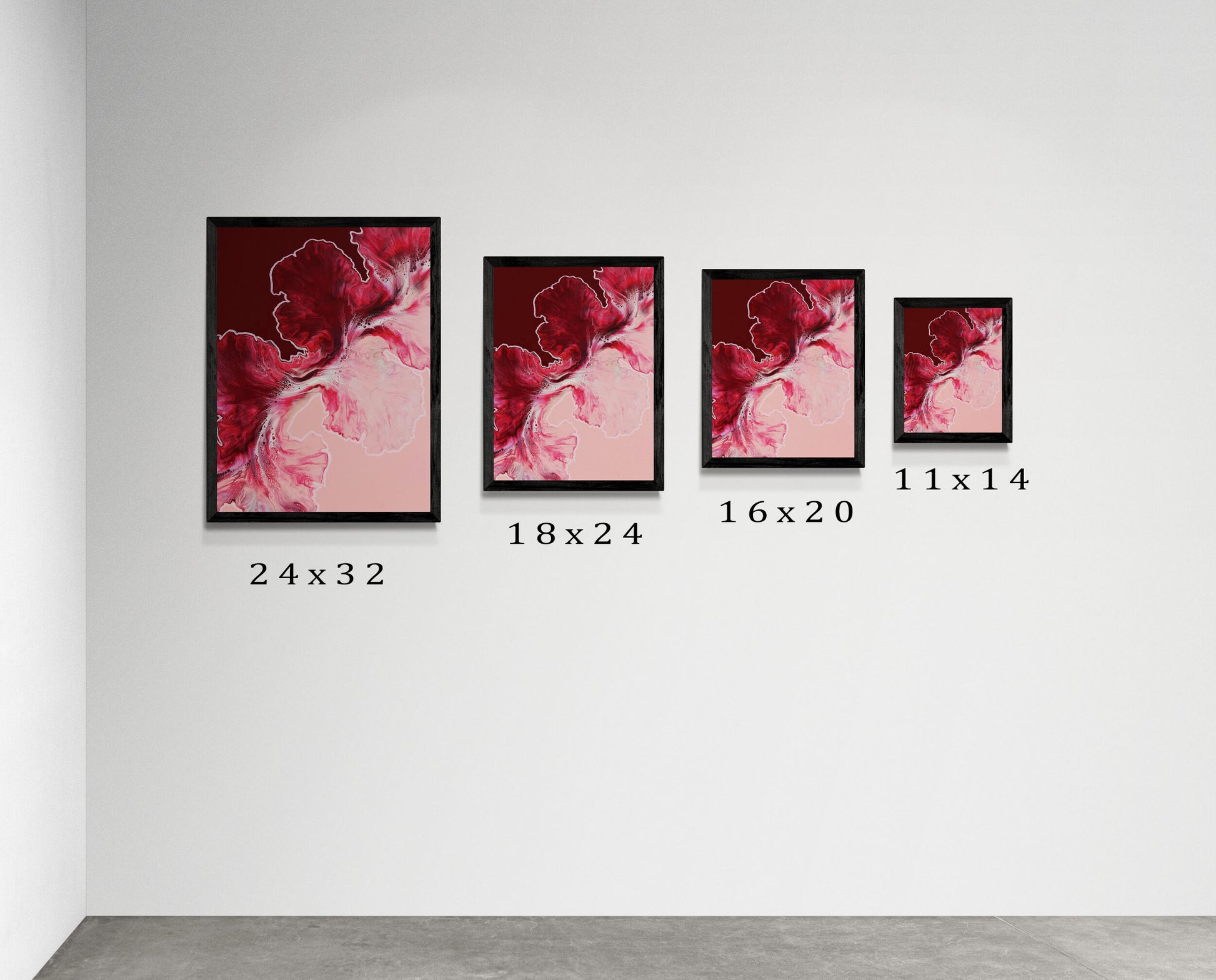 Four framed Hold the Line prints shown in different sizes—24x32, 18x24, 16x20, and 11x14—displayed on a clean white wall to demonstrate scale.