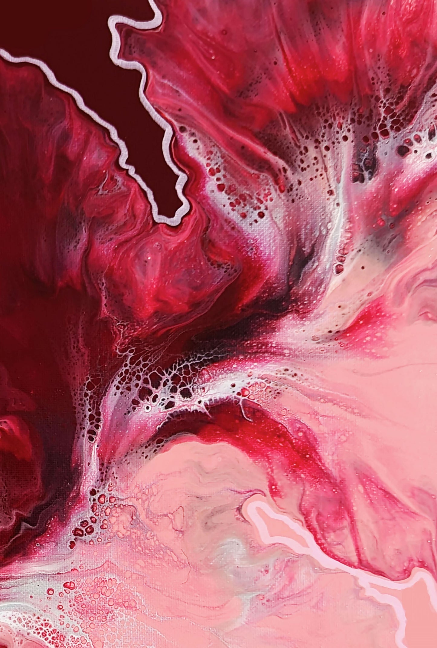 Close-up of Hold the Line fluid art painting, showing textured burgundy paint blending into soft blush pink swirls.