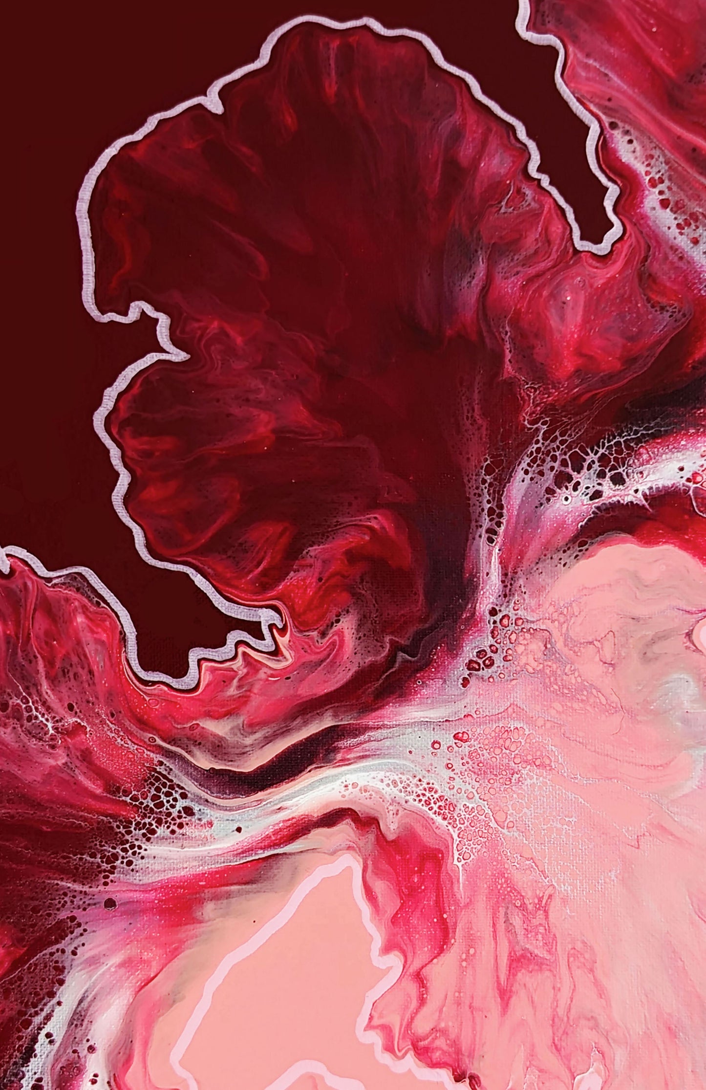 Detail of Hold the Line artwork highlighting flowing crimson, burgundy, and rose-pink patterns with cell-like textures.