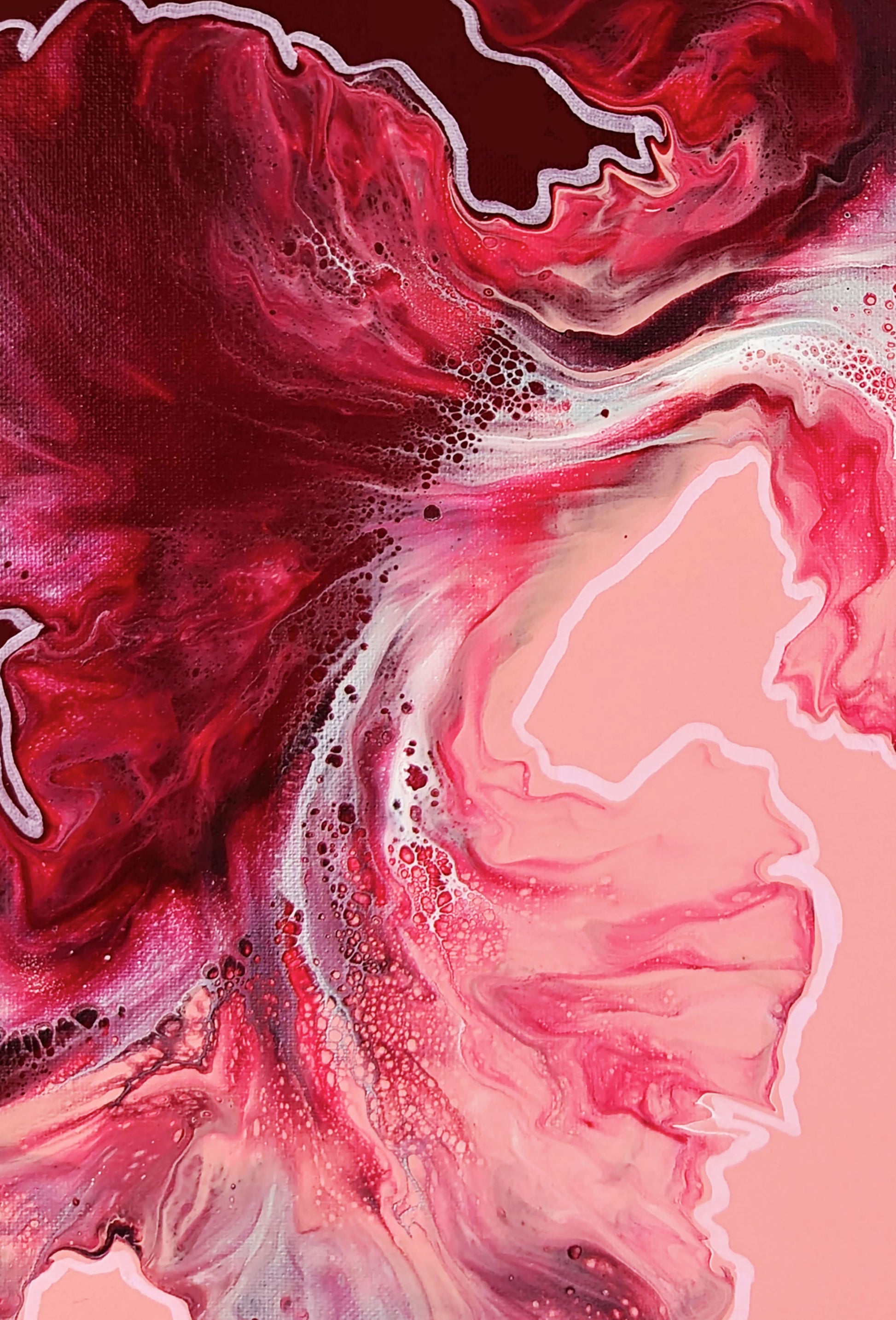 Macro view of Hold the Line abstract fluid art print, featuring dark red and blush pink organic shapes with white outlines.