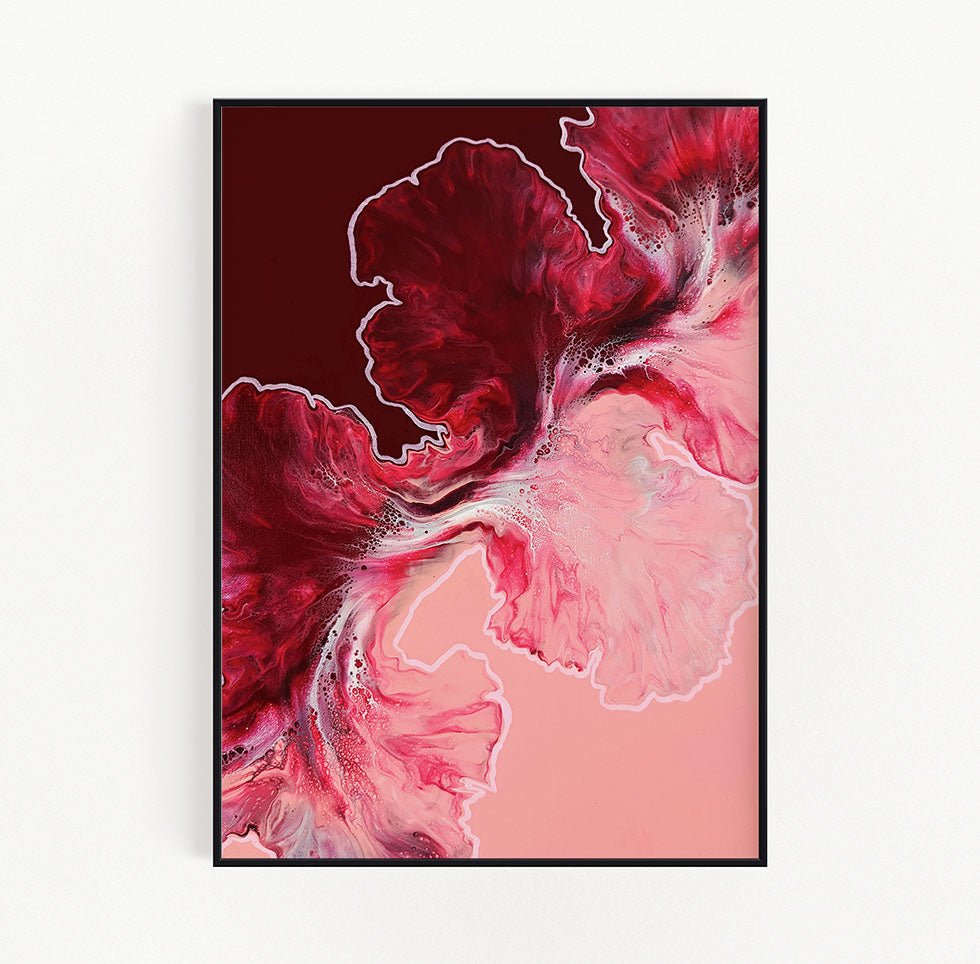Abstract fluid art print in rich crimson and soft pink tones framed in black, featuring organic, flowing shapes with striking contrast.