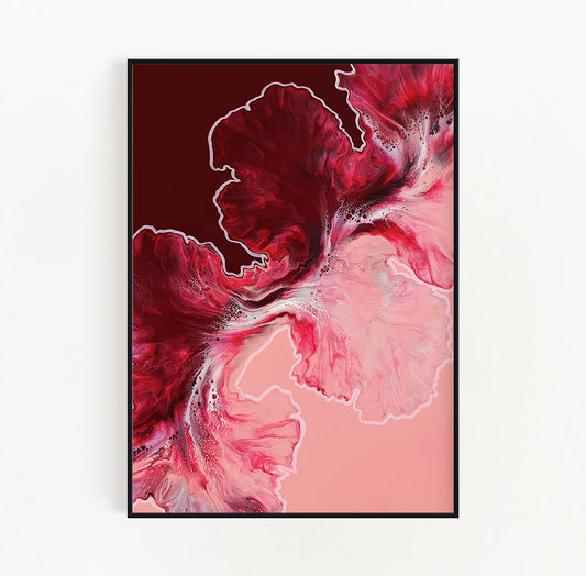 Abstract fluid art print in rich crimson and soft pink tones framed in black, featuring organic, flowing shapes with striking contrast.