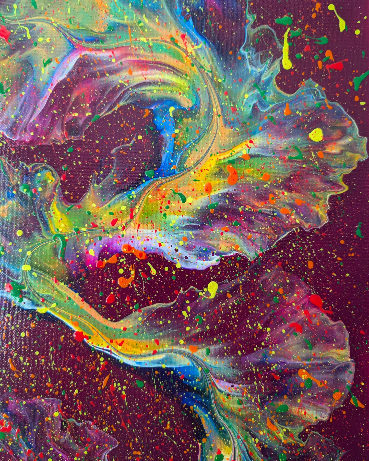 Close-up of the top left section of 'I Wish I Had Your Confidence,' featuring layered washes of purple, pink, and neon green with scattered splashes of orange, yellow, and red.