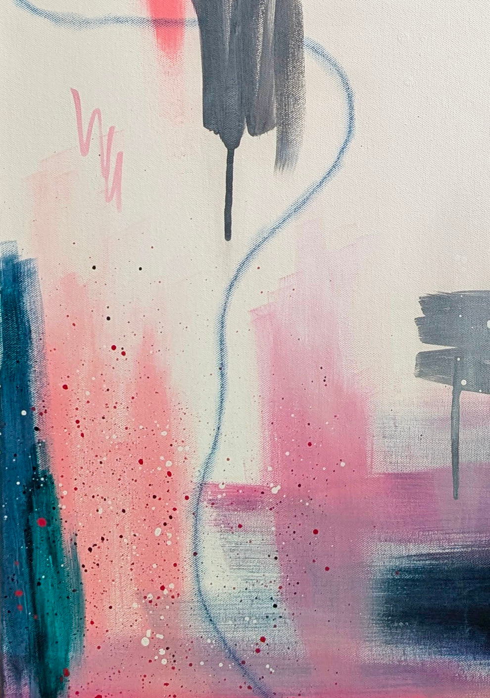 Close-up detail of Interim abstract painting by Abby May showing layered pink and teal washes, charcoal marks, and fine splatter