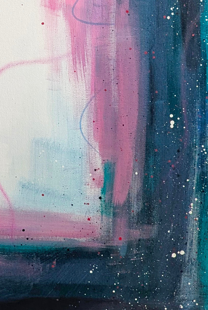 Detail view of Interim by Abby May featuring vertical teal and navy layers, soft pink tones, and subtle paint splatter