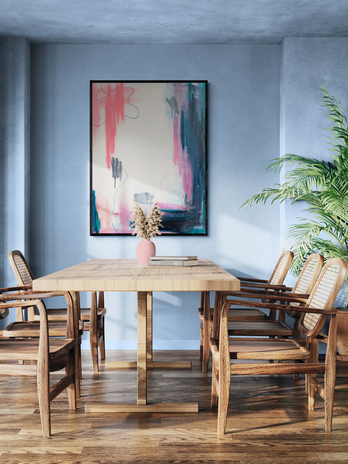 Interim, an original abstract acrylic painting by Abby May, framed above a wooden dining table in a calm, modern interior