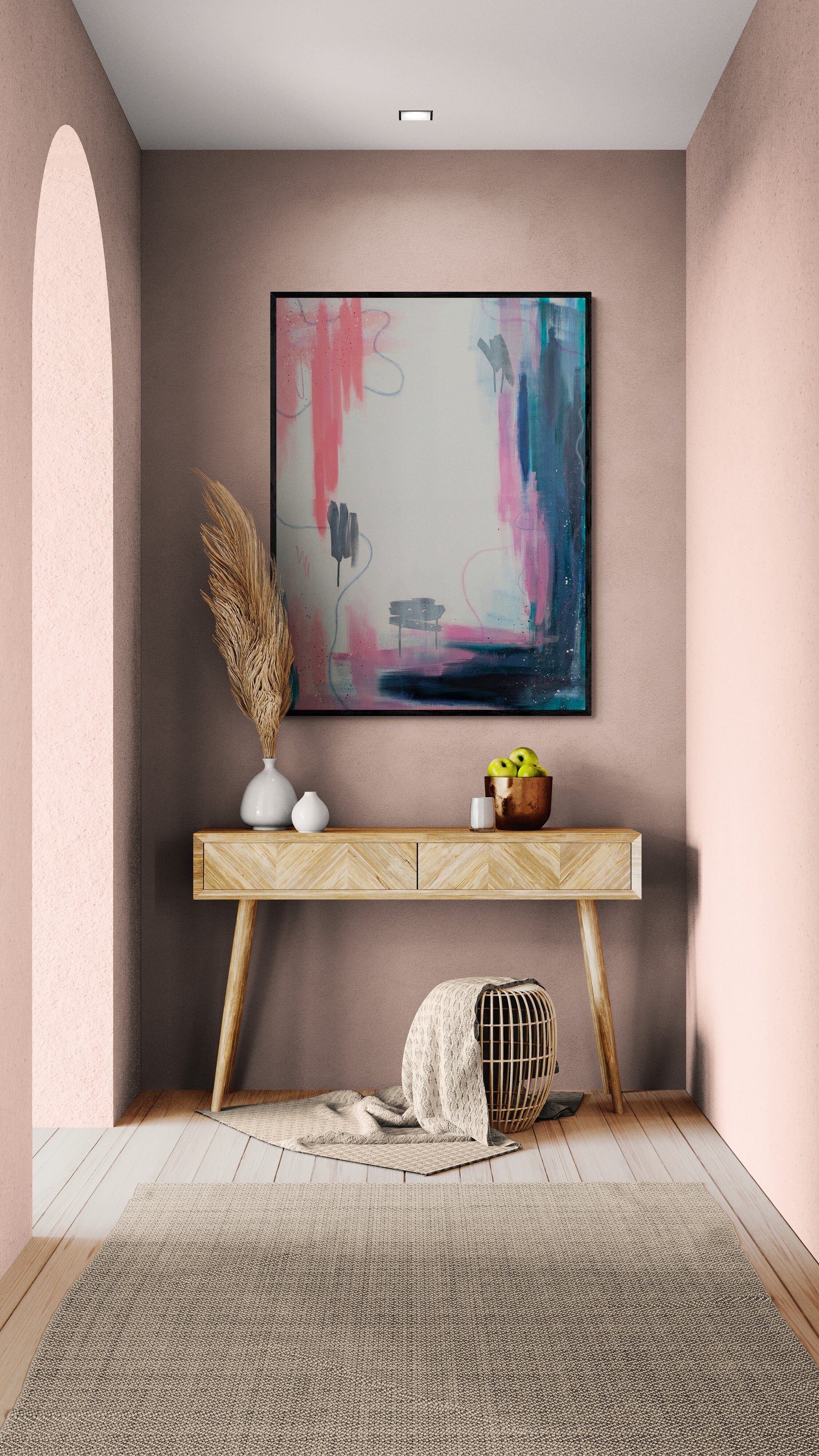 Framed abstract acrylic painting Interim by Abby May displayed above a console table in a softly styled hallway
