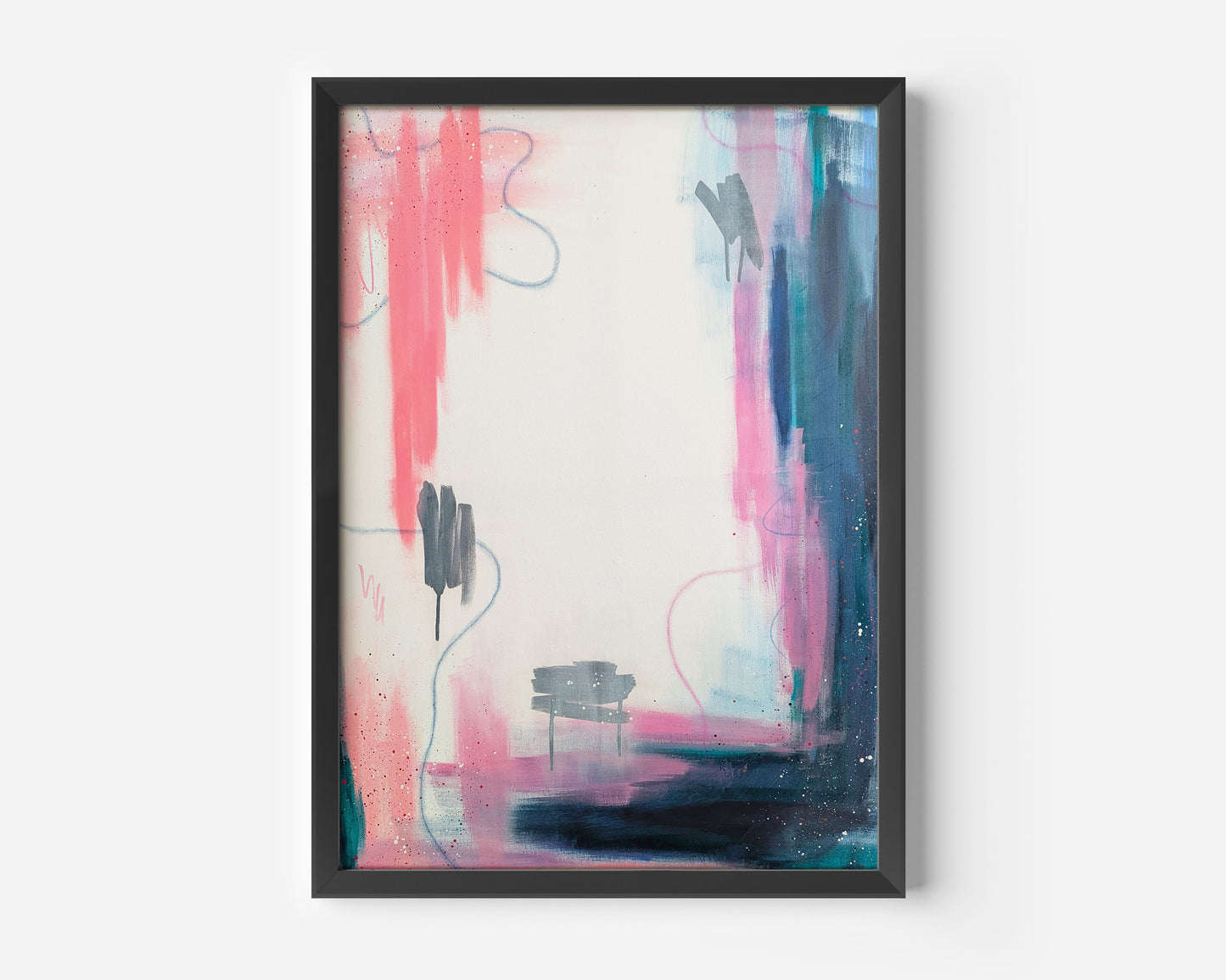 Interim by Abby May, framed original abstract acrylic painting with soft pink, teal, blue, and neutral tones
