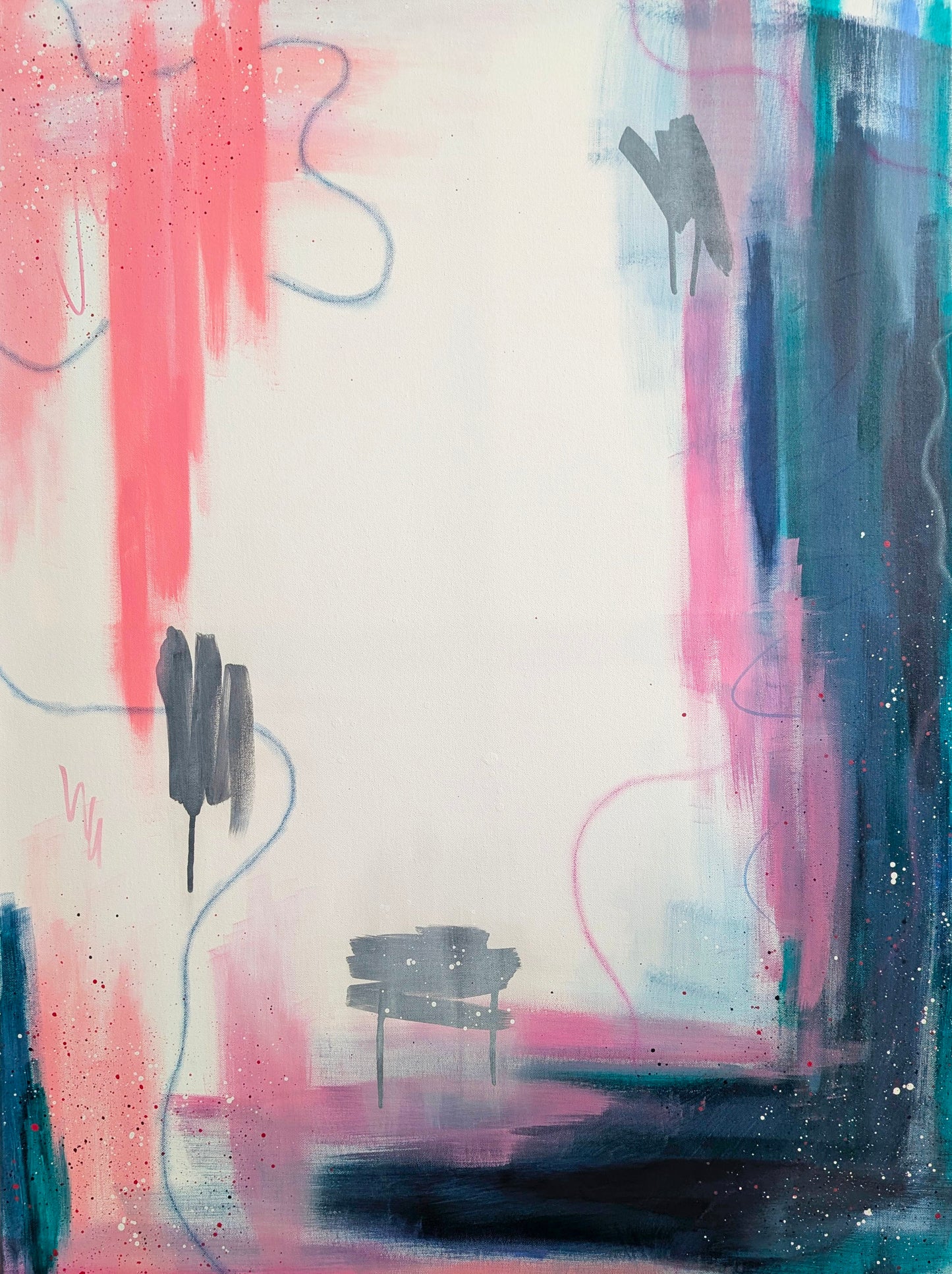 Interim, an original abstract acrylic painting by Abby May with layered blush, teal, blue, and neutral tones