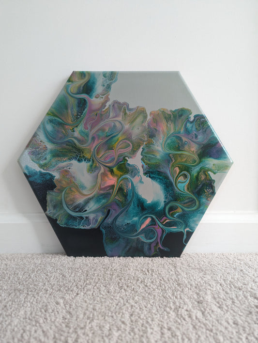 Abstract fluid painting 'Jewel' by Abby May Art, featuring deep emerald green, blue, and grey tones with flowing movement.