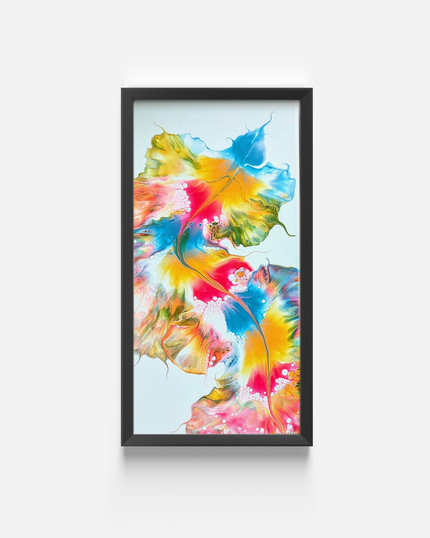 Abstract fluid painting 'Koi' by Abby May Art, featuring flowing white, pink, blue, and yellow tones with organic movement