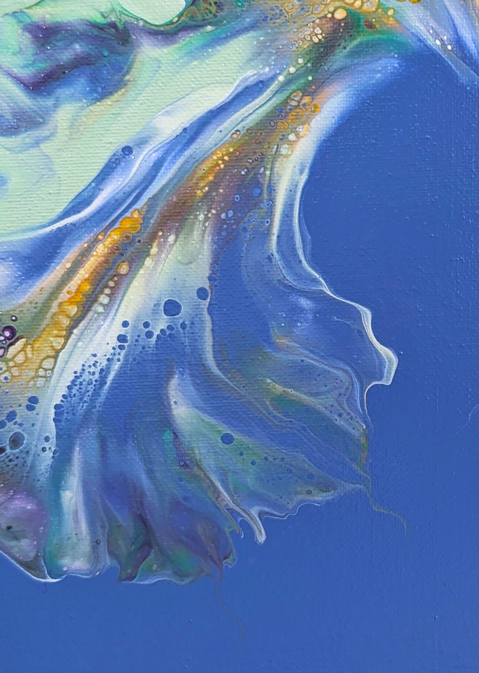 Detail of Lavender Fields fluid art print, showing flowing blends of blue, green, and gold with delicate cell textures.