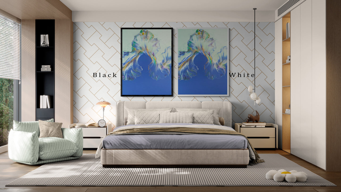 Side-by-side Lavender Fields prints by Abby May in black and white frames above a contemporary bed. The artwork’s lavender, gold, and blue tones bring lightness and calm to the room.