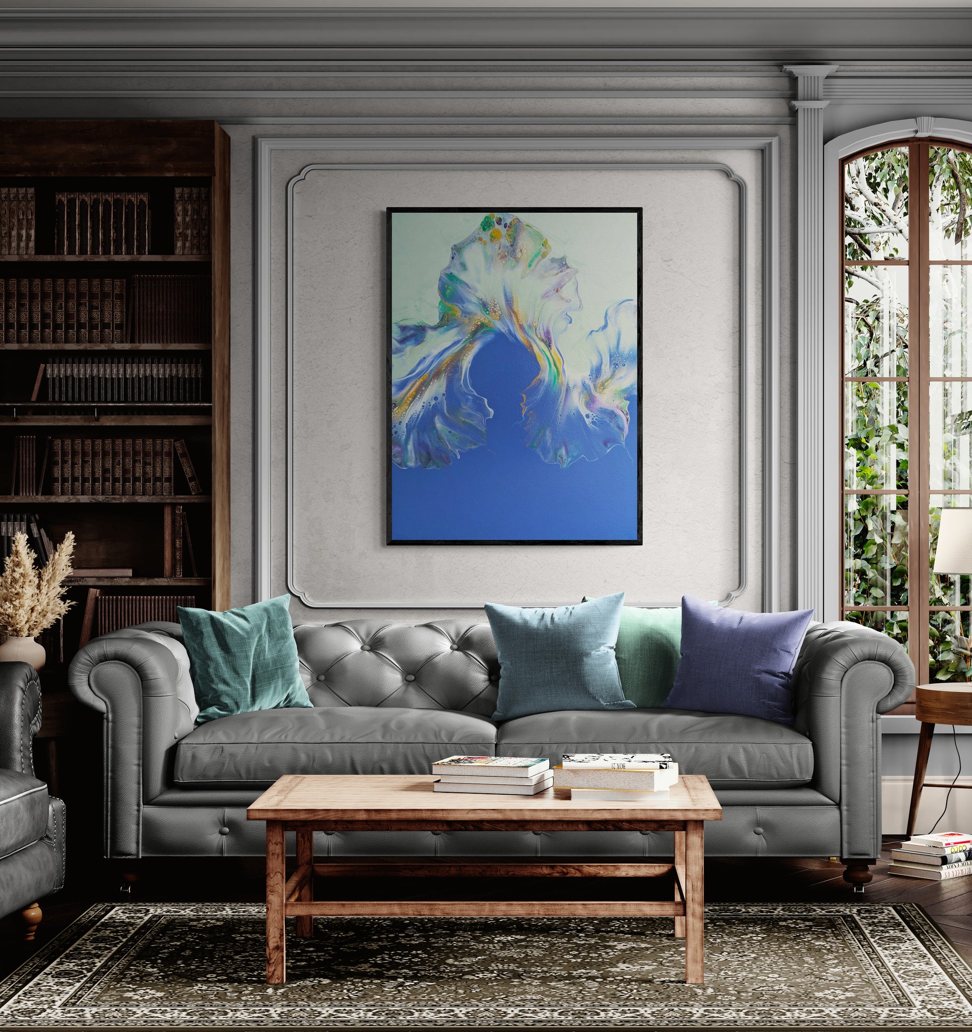 Lavender Fields by Abby May displayed in an elegant living room above a tufted gray sofa. The sweeping lavender and gold forms radiate peace and luminous energy