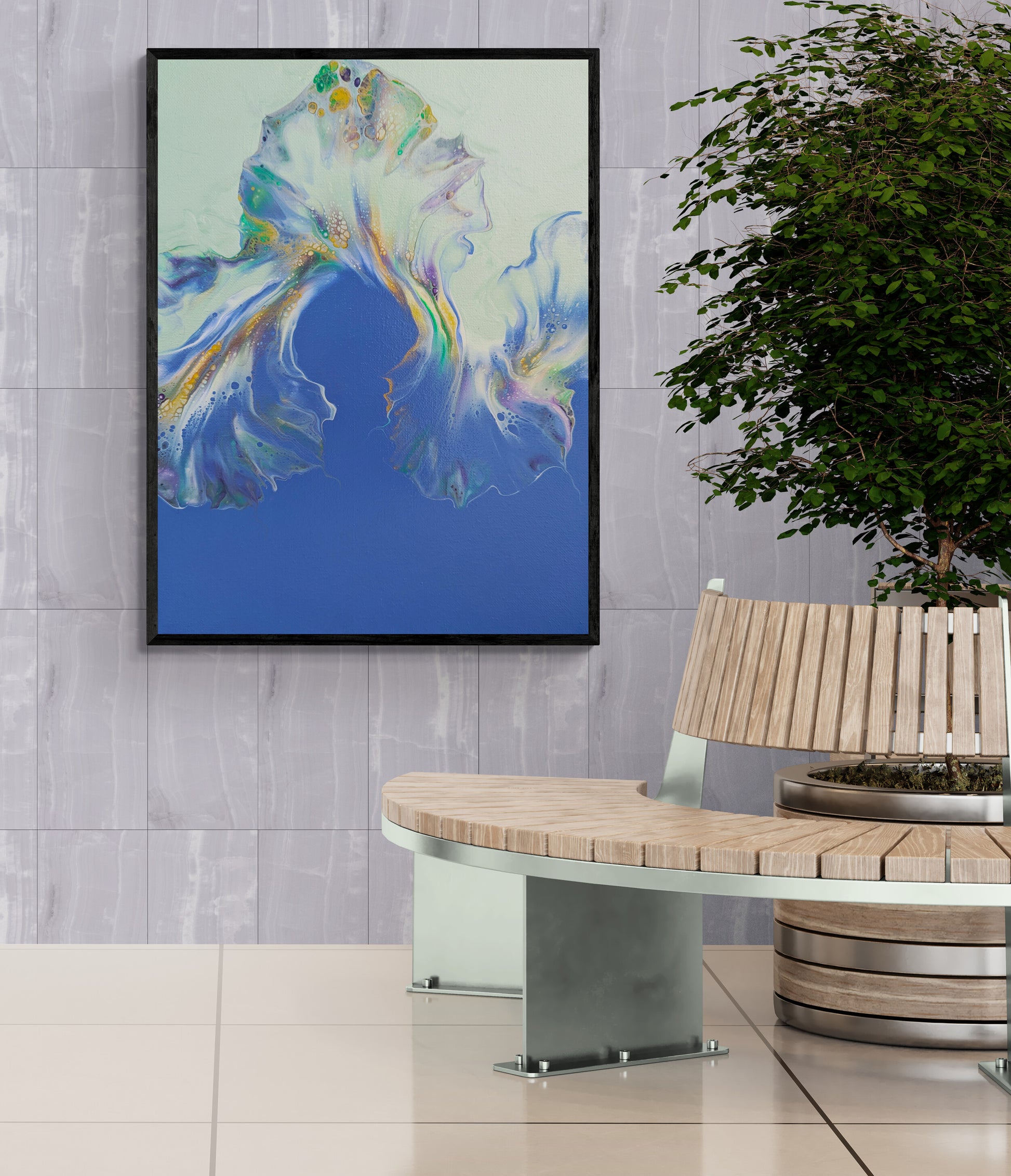 Framed Lavender Fields by Abby May hanging in a modern office space with neutral tones and greenery. The soft purple and blue movement of the piece adds focus and tranquility