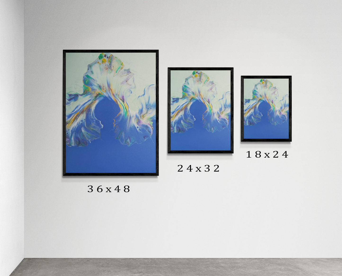 Three framed Lavender Fields prints by Abby May displayed in a minimalist gallery setting in sizes 36x48, 24x32, and 18x24. Soft lavender, blue, and golden hues flow upward in a graceful, airy motion.