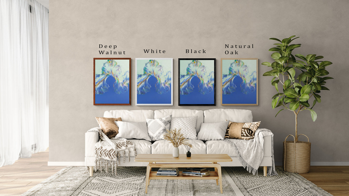 Four framed prints of Abby May Art’s “Lavender Fields” hanging above a cream sofa. The artwork features soft blues, purples, and hints of yellow with fluid, airy movement. Frame options—Deep Walnut, White, Black, and Natural Oak—are shown side by side with labels to compare how each frame complements the artwork in a living room setting.