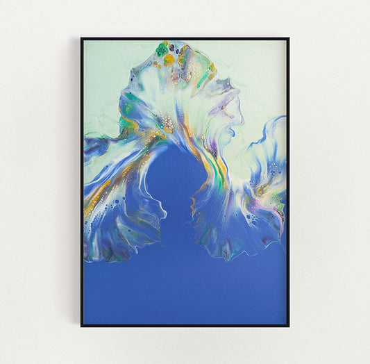 Print of acrylic fluid art painting Lavendar Fields in a simple black frame against a white wall