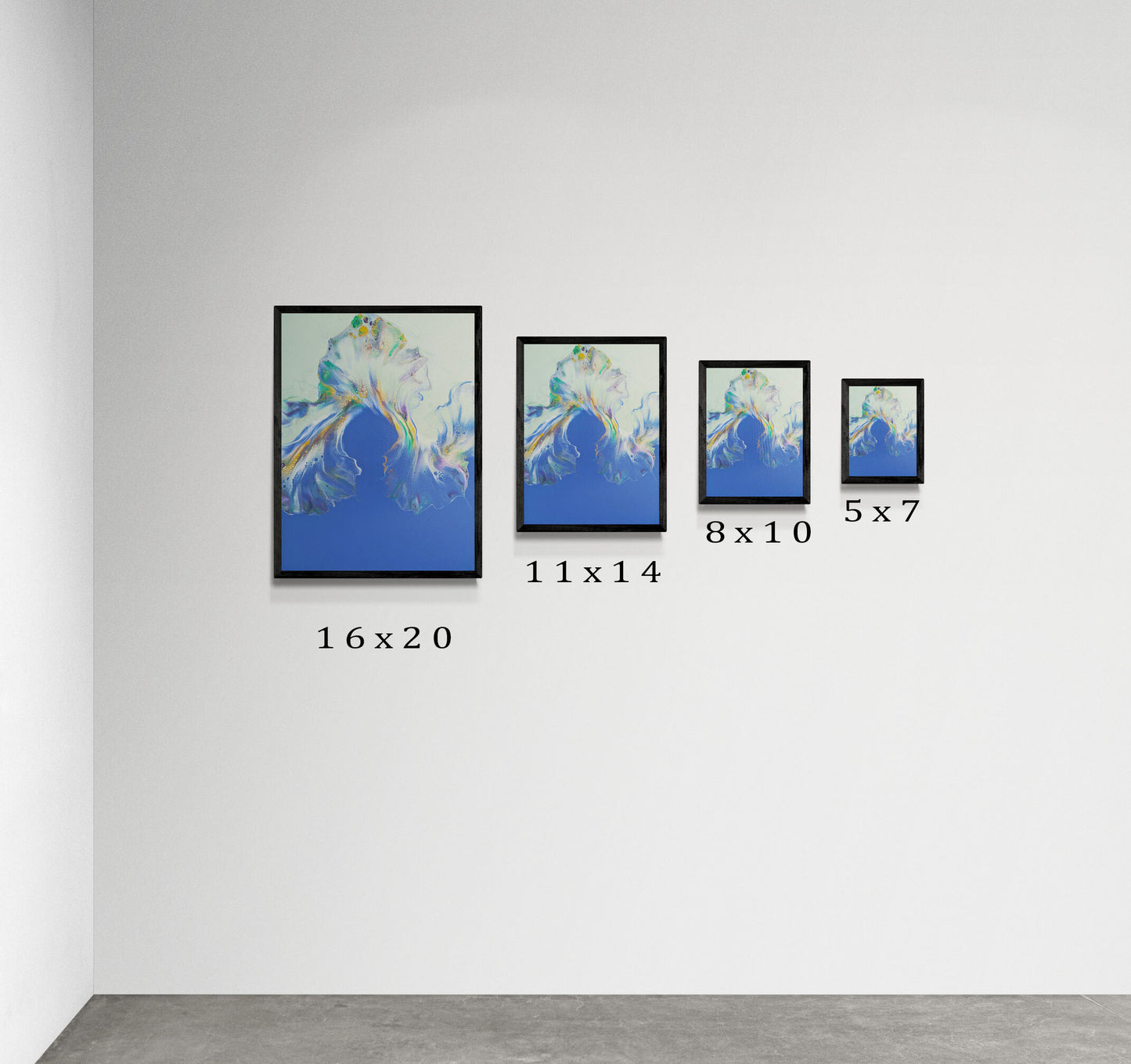 Side-by-side display of Abby May Art’s “Lavender Fields” in four print sizes—16x20, 11x14, 8x10, and 5x7—each framed in black on a plain white wall. The artwork features flowing lavender, blue, and pastel hues. Size labels beneath each frame help viewers visualize scale.