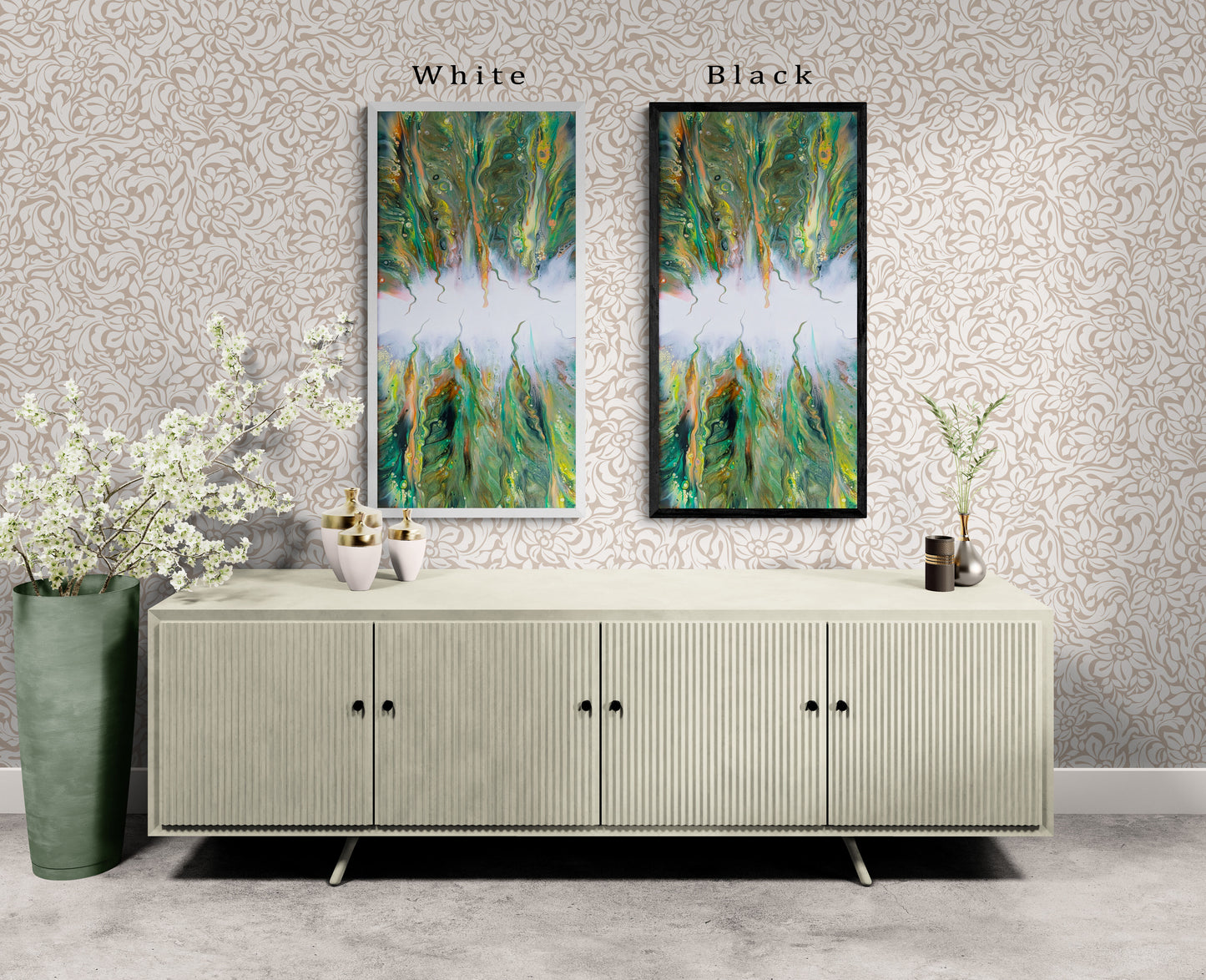Two Lush abstract prints in white and black frames above a light console, featuring flowing green, gold, and white tones with organic movement.