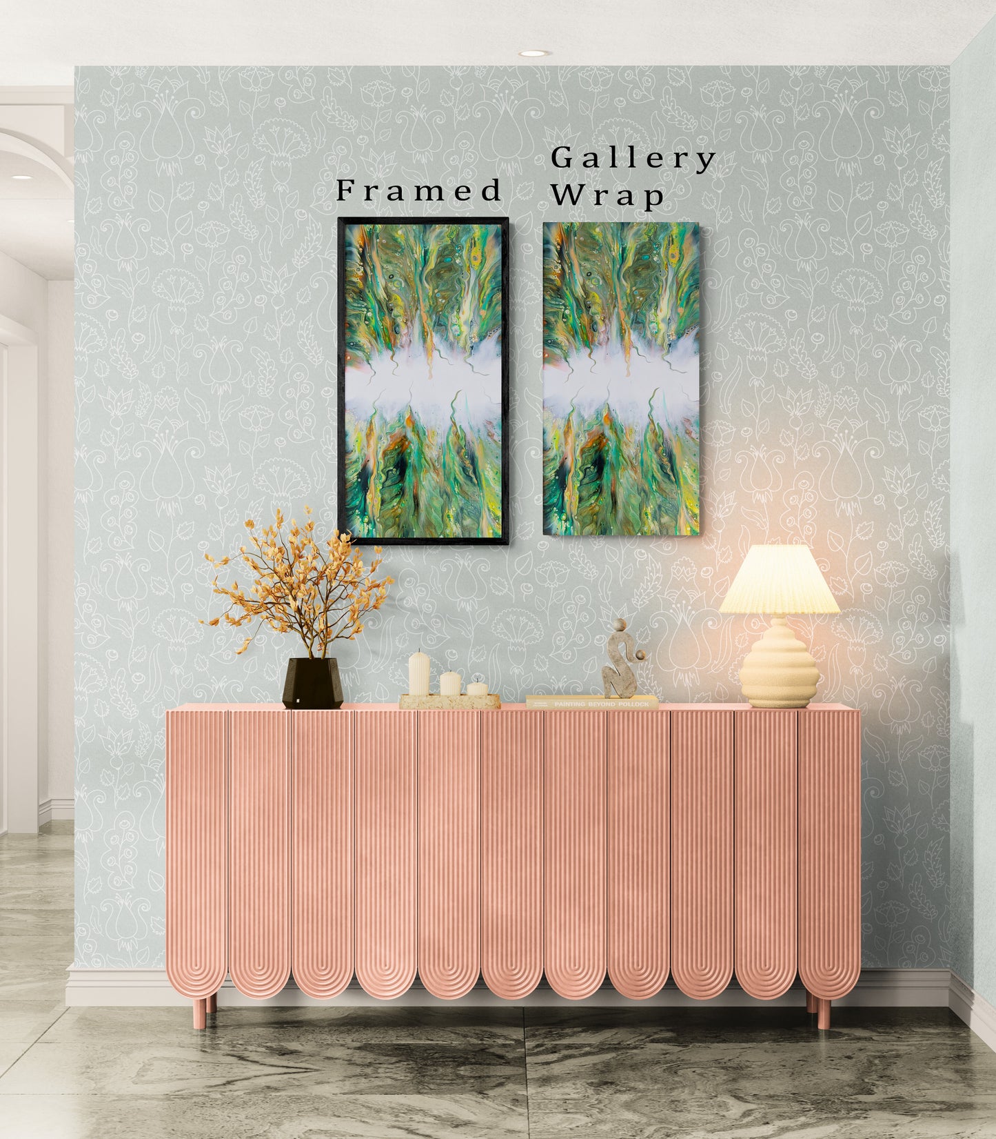 Side-by-side comparison of Lush canvas print in black frame and gallery wrap, featuring layered green, gold, and white tones with organic vertical flow.
