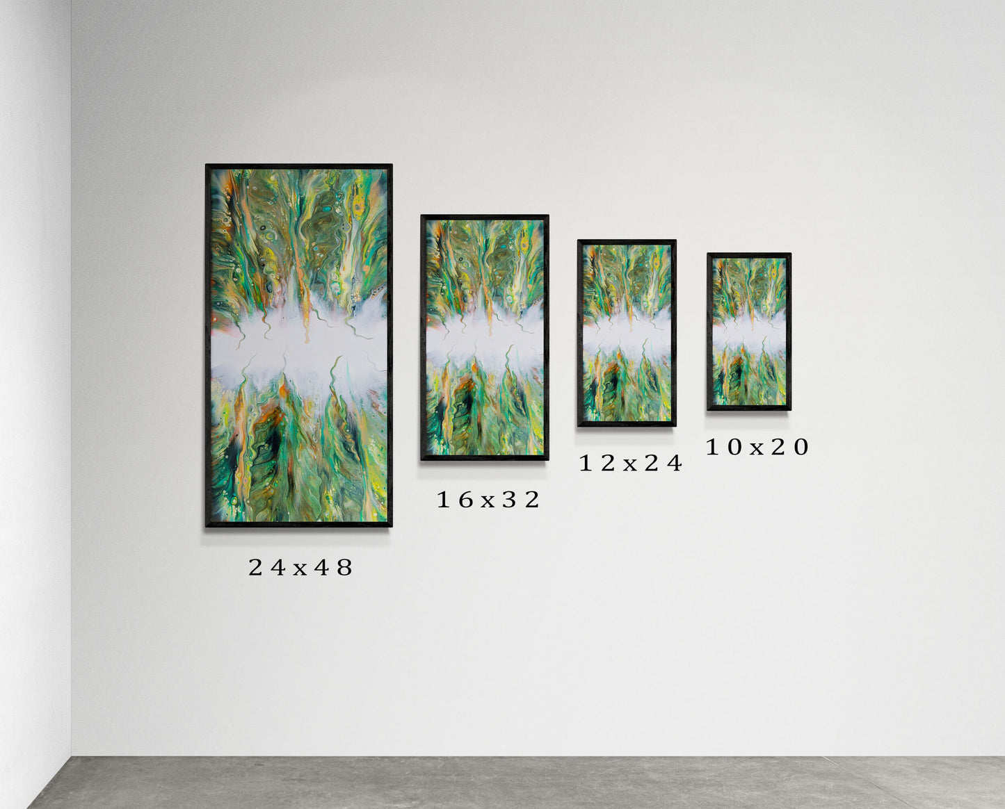 Four framed Lush canvas prints displayed on a white wall, showing available sizes: 24x48, 16x32, 12x24, and 10x20. Each print highlights the same lush green and gold abstract design.