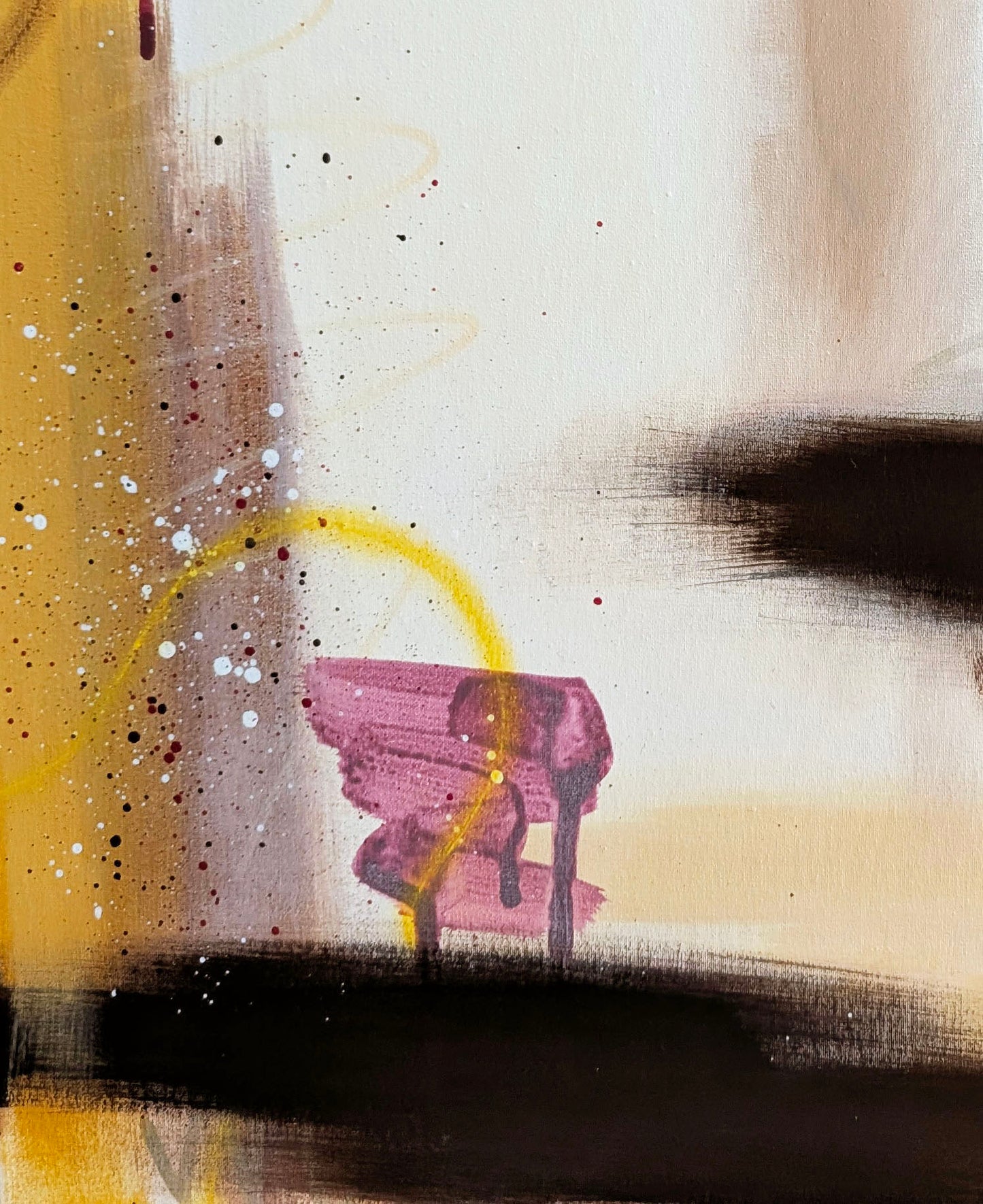 Close-up detail of "Marigold" abstract painting, showing the tactile texture of sweeping oil pastel lines and expressive paint splatters over raw umber.