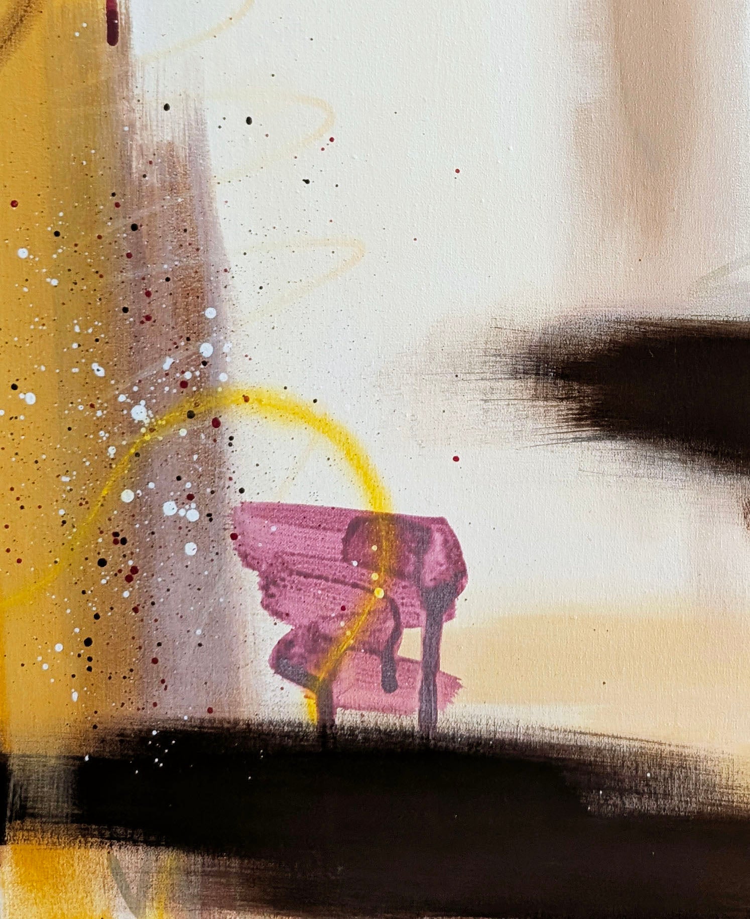 Close-up detail of "Marigold" abstract painting, showing the tactile texture of sweeping oil pastel lines and expressive paint splatters over raw umber.