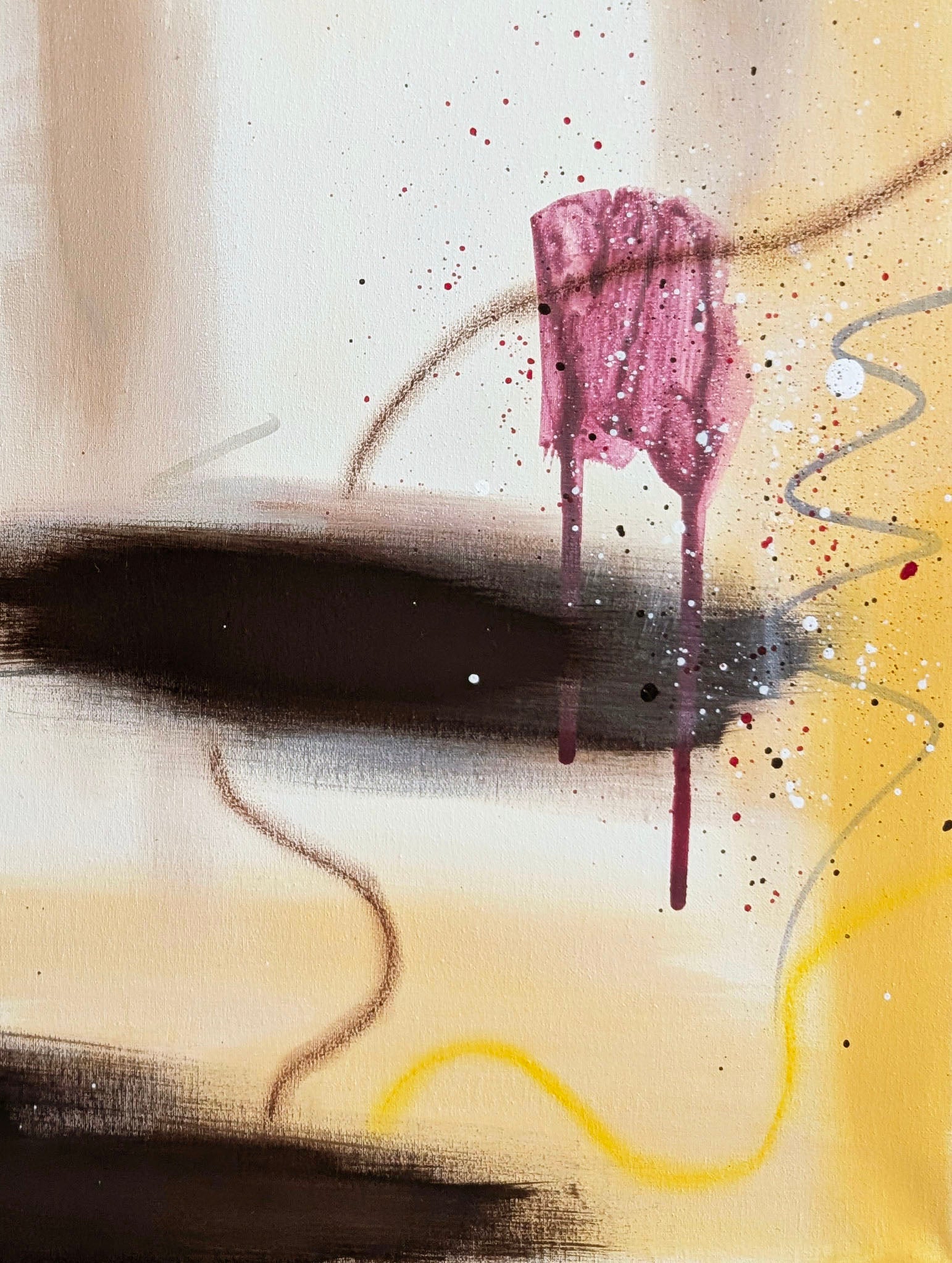 Artistic macro shot of "Marigold" by Abby May, showcasing the interplay between bold raw umber paint blocks and delicate, atmospheric yellow and maroon drips.