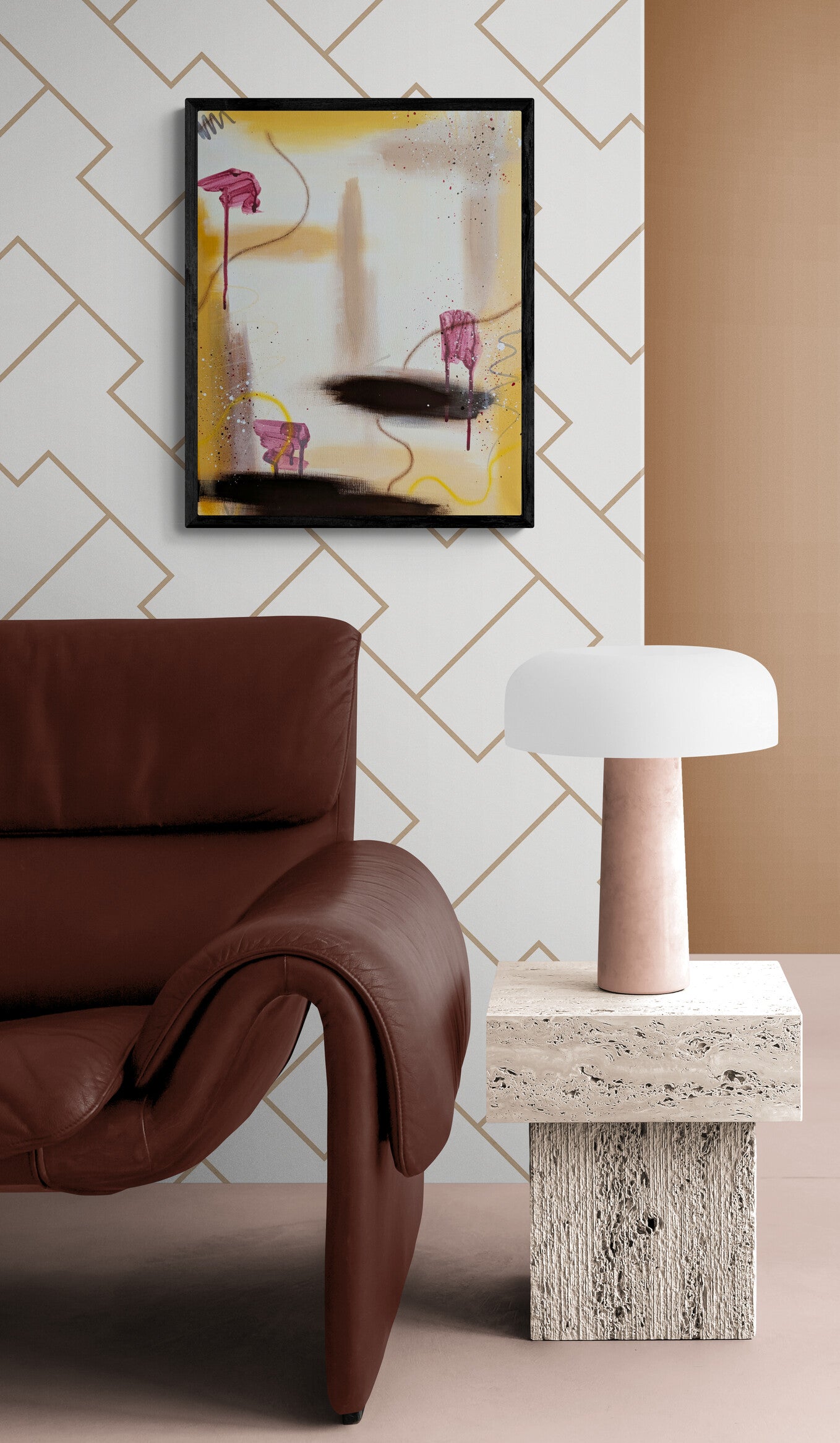 Abstract art "Marigold" by Abby May hanging in a modern living room, demonstrating how the warm yellow tones and raw umber framing anchor a contemporary space.
