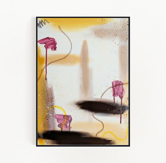 Interior design inspiration featuring "Marigold" by Abby May Art, a one-of-a-kind abstract painting that balances structural raw umber with a vibrant, glowing atmosphere.